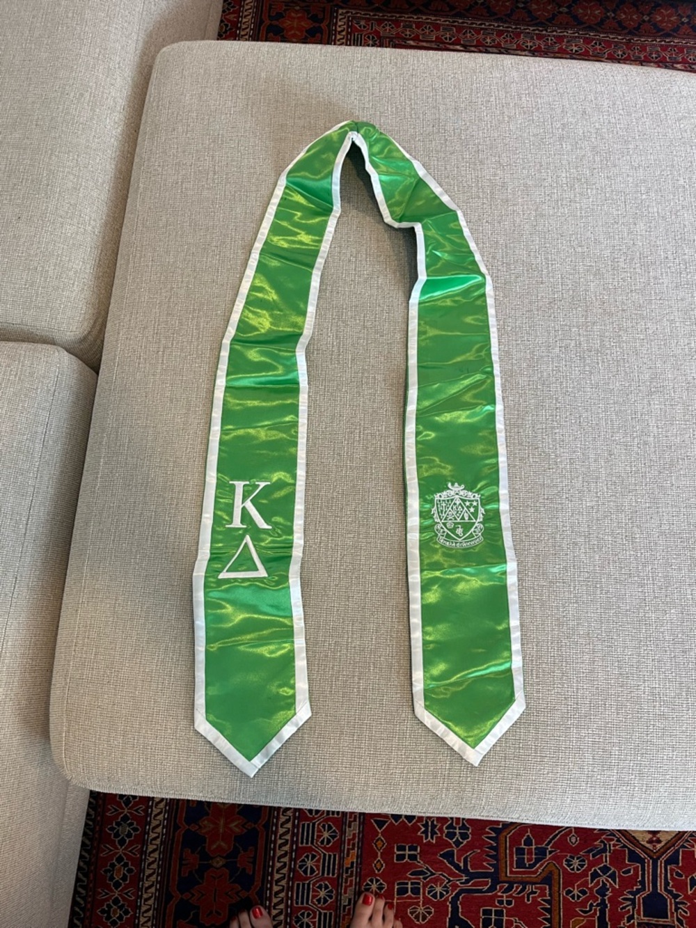 Green Satin kappa delta Sorority Stole with White Trim